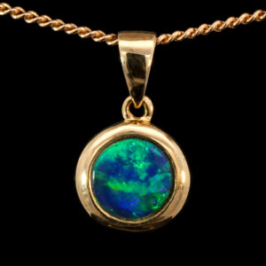 Yellow Gold Blue Green Australian Doublet Opal Pendant Necklace