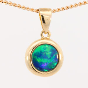 Yellow Gold Blue Green Australian Doublet Opal Pendant Necklace