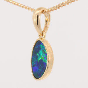 Yellow Gold Blue Green Australian Doublet Opal Pendant Necklace