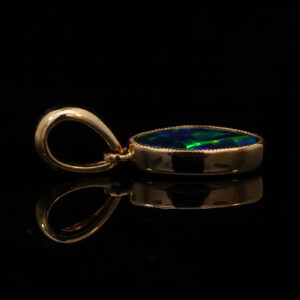 Yellow Gold Blue Green Australian Doublet Opal Pendant Necklace