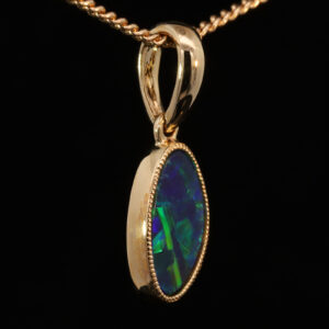 Yellow Gold Blue Green Australian Doublet Opal Pendant Necklace