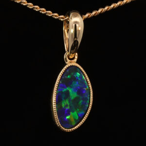 Yellow Gold Blue Green Australian Doublet Opal Pendant Necklace