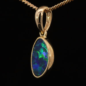 Yellow Gold Blue Green Australian Doublet Opal Pendant Necklace