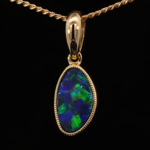 Yellow Gold Blue Green Australian Doublet Opal Pendant Necklace