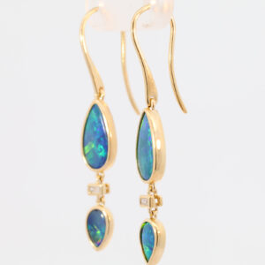 Yellow Gold Blue Green Yellow Orange Australian Doublet Opal and Diamond Earrings