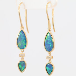 Yellow Gold Blue Green Yellow Orange Australian Doublet Opal and Diamond Earrings