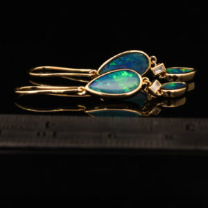 Yellow Gold Blue Green Yellow Orange Australian Doublet Opal and Diamond Earrings