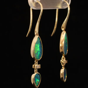 Yellow Gold Blue Green Yellow Orange Australian Doublet Opal and Diamond Earrings