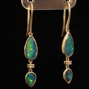 Yellow Gold Blue Green Yellow Orange Australian Doublet Opal and Diamond Earrings