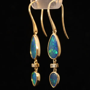 Yellow Gold Blue Green Yellow Orange Australian Doublet Opal and Diamond Earrings