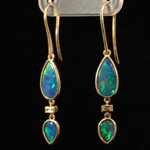 Yellow Gold Blue Green Yellow Orange Australian Doublet Opal and Diamond Earrings