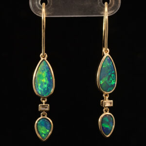 Yellow Gold Blue Green Yellow Orange Doublet Opal and Diamond Earrings