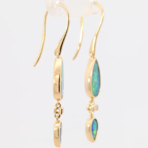 Yellow Gold Blue Green Yellow Orange Australian Doublet Opal and Diamond Earrings