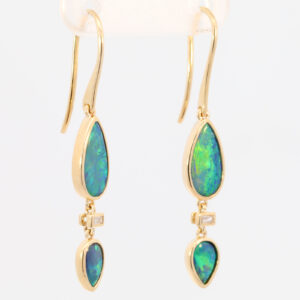 Yellow Gold Blue Green Yellow Orange Australian Doublet Opal and Diamond Earrings