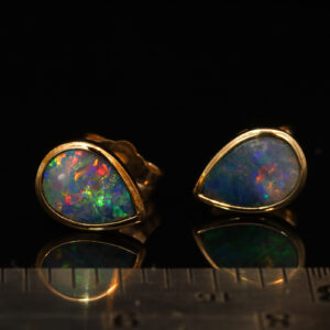 Yellow Gold Blue Green Yellow Orange Red Australian Doublet Opal Earrings