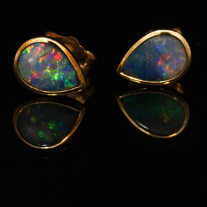 Yellow Gold Blue Green Yellow Orange Red Australian Doublet Opal Earrings