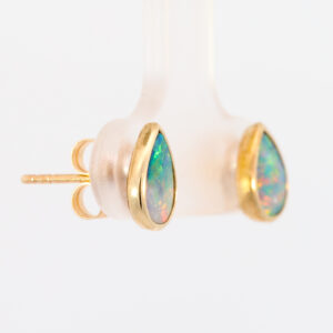 Yellow Gold Blue Green Yellow Orange Red Australian Doublet Opal Earrings