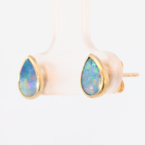 Yellow Gold Blue Green Yellow Orange Red Australian Doublet Opal Earrings