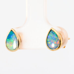 Yellow Gold Blue Green Yellow Orange Red Australian Doublet Opal Earrings