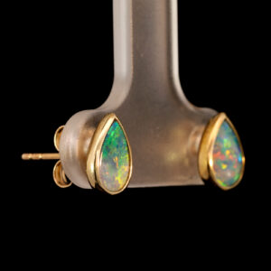 Yellow Gold Blue Green Yellow Orange Red Australian Doublet Opal Earrings