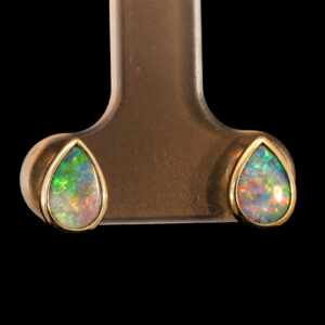 Yellow Gold Blue Green Yellow Orange Red Australian Doublet Opal Earrings