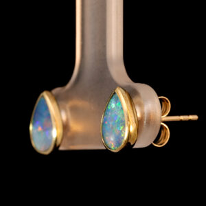 Yellow Gold Blue Green Yellow Orange Red Australian Doublet Opal Earrings