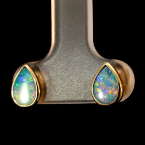 Yellow Gold Blue Green Yellow Orange Red Australian Doublet Opal Earrings