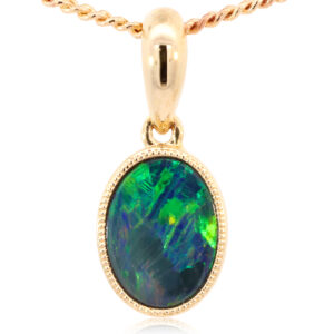 Yellow Gold Blue Green Australian Doublet Opal Pendant Necklace