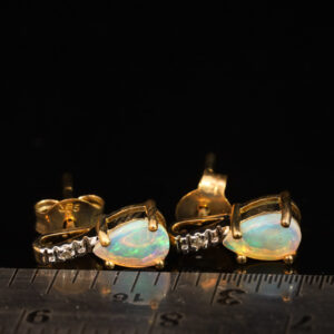 Yellow Gold Blue Green Solid Australian Crystal Opal and Diamond Earrings