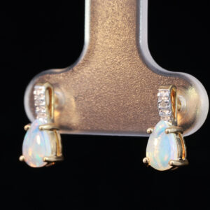 Yellow Gold Blue Green Solid Australian Crystal Opal and Diamond Earrings