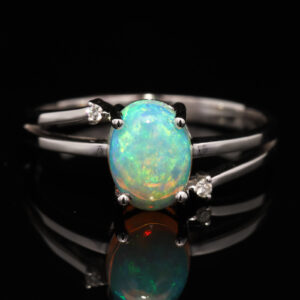 White Gold Blue Green Solid Australian Crystal Opal and Diamond Engagement Ring