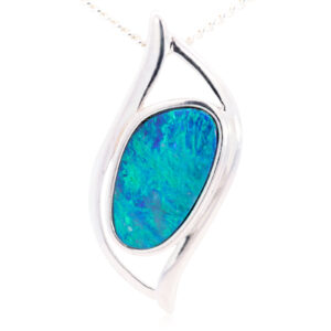 Sterling Silver Blue Green Australian Doublet Opal Pendant Necklace