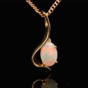 Yellow Gold Blue Green Orange Red Solid Australian Crystal Opal and Diamond Pendant Necklace