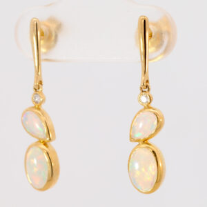 Yellow Gold Blue Green Yellow Orange Red Solid Australian Crystal Opal and Diamond Drop Earrings