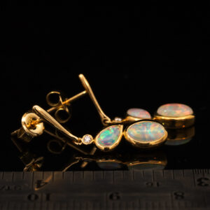 Yellow Gold Blue Green Yellow Orange Red Solid Australian Crystal Opal and Diamond Drop Earrings