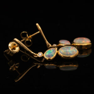 Yellow Gold Blue Green Yellow Orange Red Solid Australian Crystal Opal and Diamond Drop Earrings