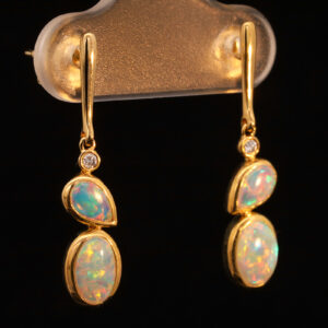 Yellow Gold Blue Green Yellow Orange Red Solid Australian Crystal Opal and Diamond Drop Earrings