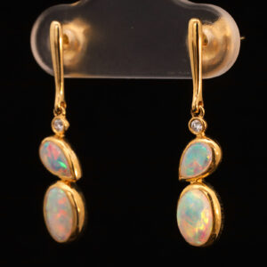 Yellow Gold Blue Green Yellow Orange Red Solid Australian Crystal Opal and Diamond Drop Earrings