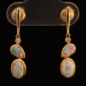 Yellow Gold Blue Green Yellow Orange Red Solid Australian Crystal Opal and Diamond Drop Earrings