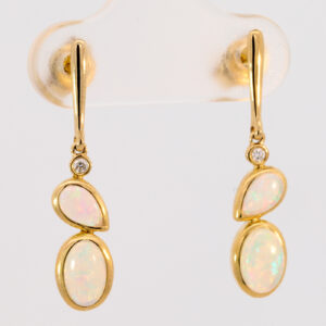 Yellow Gold Blue Green Yellow Orange Red Solid Australian Crystal Opal and Diamond Drop Earrings