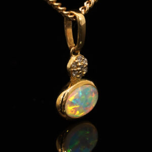 Yellow Gold Blue Green Yellow Orange Red Solid Australian Crystal Opal and Diamond Pendant Necklace