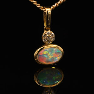 Yellow Gold Blue Green Yellow Orange Red Solid Australian Crystal Opal and Diamond Pendant Necklace