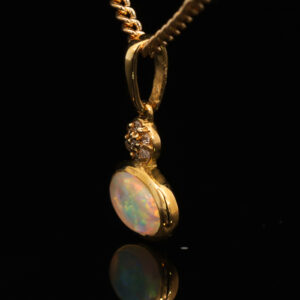 Yellow Gold Blue Green Yellow Orange Red Solid Australian Crystal Opal and Diamond Pendant Necklace