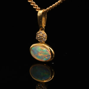 Yellow Gold Blue Green Yellow Orange Red Solid Australian Crystal Opal and Diamond Pendant Necklace