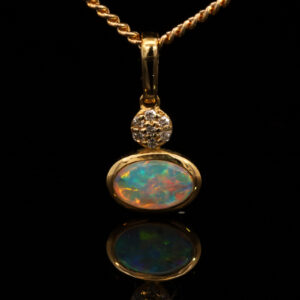 Yellow Gold Blue Green Yellow Orange Red Solid Australian Crystal Opal and Diamond Pendant Necklace