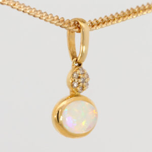 Yellow Gold Blue Green Yellow Orange Red Solid Australian Crystal Opal and Diamond Pendant Necklace