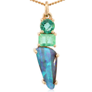 Yellow Gold Blue Green Purple Solid Australian Boulder Opal and Emerald Pendant Necklace
