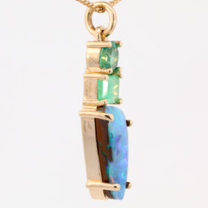 Yellow Gold Blue Green Purple Solid Australian Boulder Opal and Emerald Pendant Necklace