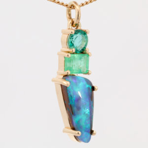 Yellow Gold Blue Green Purple Solid Australian Boulder Opal and Emerald Pendant Necklace