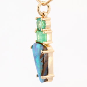 Yellow Gold Blue Green Purple Solid Australian Boulder Opal and Emerald Pendant Necklace